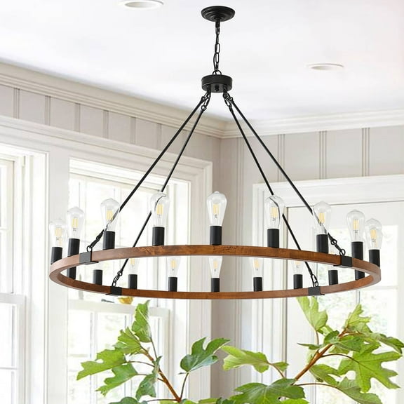 20-Light Farmhouse Wagon Wheel Chandelier,Rustic Farmhouse Chandelier, Wagon Wheel Light Fixture Wood Chandelier Light Fixture for Living Room Foyer