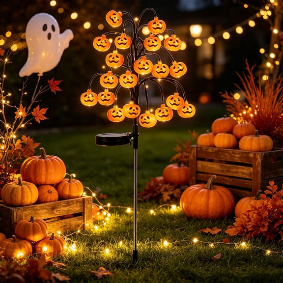 20-Light Pumpkin Tree Solar Ground Plug Lights, Halloween Pumpkin Stake Lights with Warm Glow, Solar Powered Outdoor Yard Decor for Patio, Garden, Front Yard, Walkway, Party