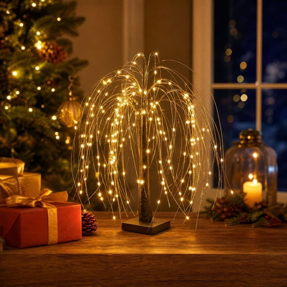 20" Lighted Christmas Willow Tree, Black Weeping Tree with Warm LED Lights for Holiday Tabletop Decor & Xmas Gift