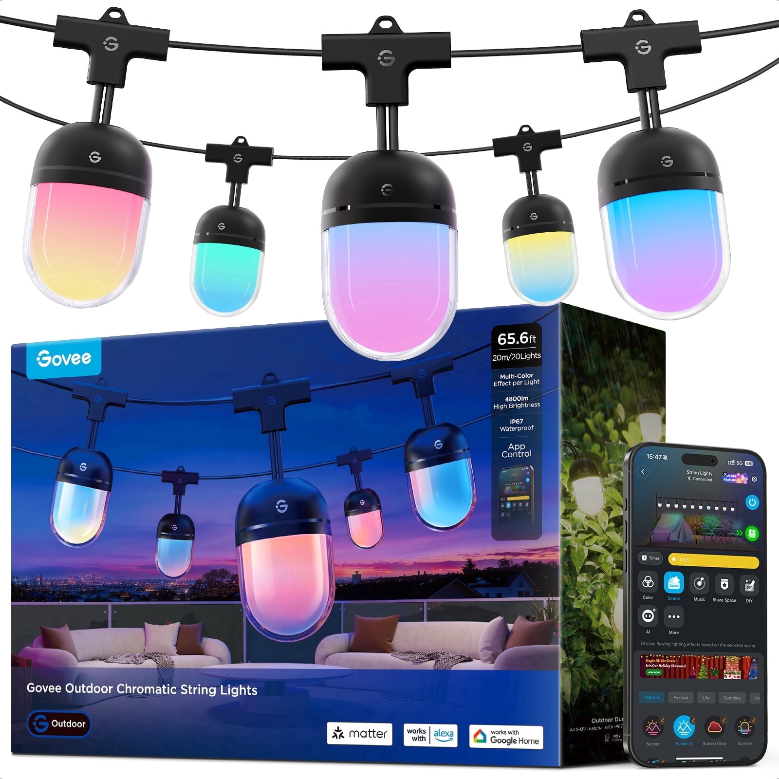 Govee Outdoor Chromatic String Lights, 65.6ft RGBIC Outdoor Lights, 55 RGB LEDs per Bulb, Uni-IC Control, 111+ Scenes, IP67 Waterproof, String lights compatible with Alexa, Google, Matter, App