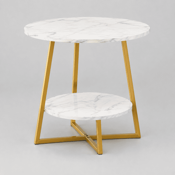 20" Living Room Side Table for Small Spaces, 2 Tier Wood Top Round End Tables with Storage Shelf, Accent Sofa Table for Bedroom, Office, Sunroom, Balcony, White Faux Marble/Gold