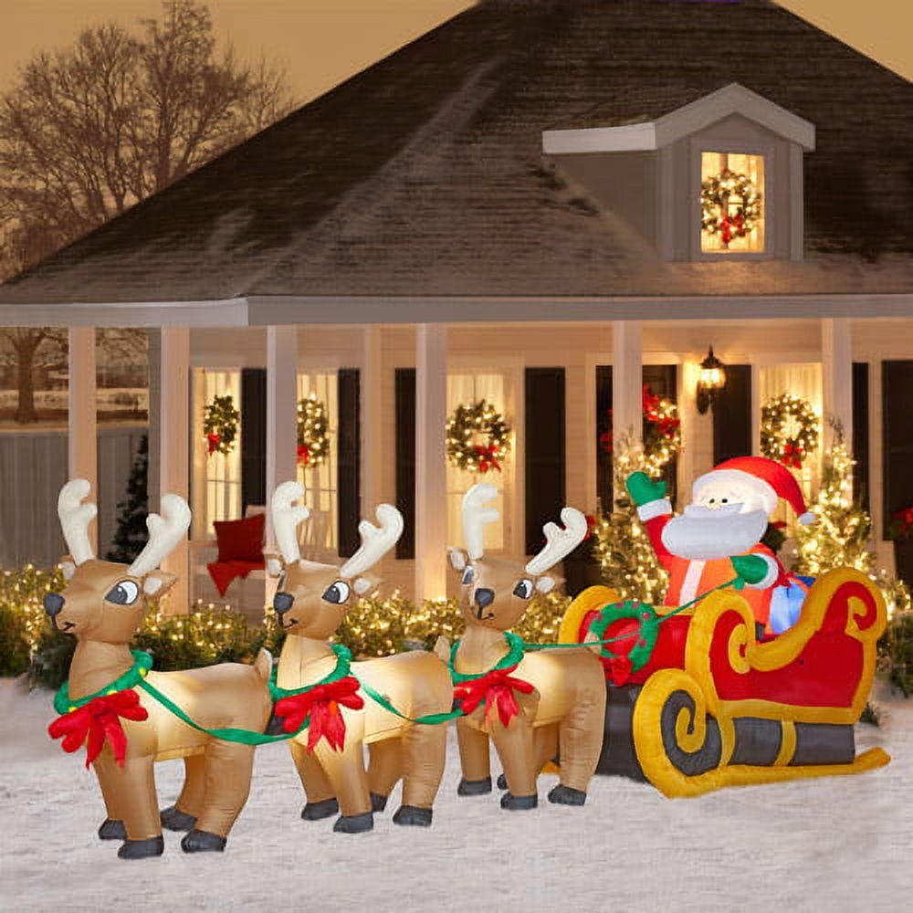 20' Long Airblown Christmas Inflatable Santa In Sleigh With Three ...