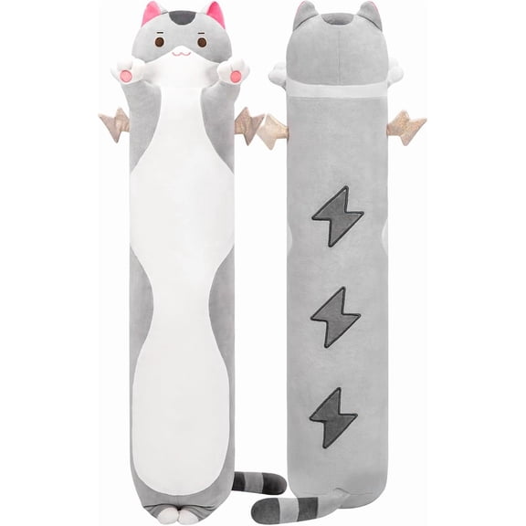 20 Long Cat Plush 5 Sizes, 120% Extra Filling Giant Plushness Kids Body Pillow, Kawaii Cute Grey Stuffed Animals Plushies, Big Pillow Gift for Girls