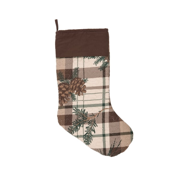 20" Lookout Lodge Plaid Cabin Pinecone & Pine Leaves Hanging Large Christmas Stocking