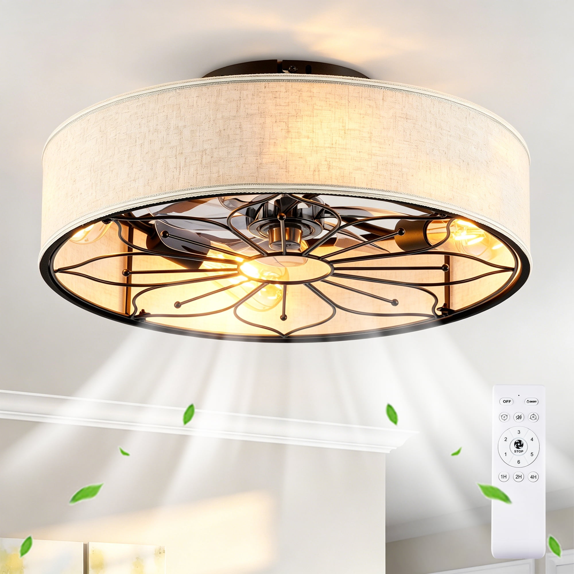 20" Lotus Design Fabric Farmhouse Bladeless Ceiling fan with Remote Control for Living room, Bedroom,Kitchen--NOT INCLUDED BULBS