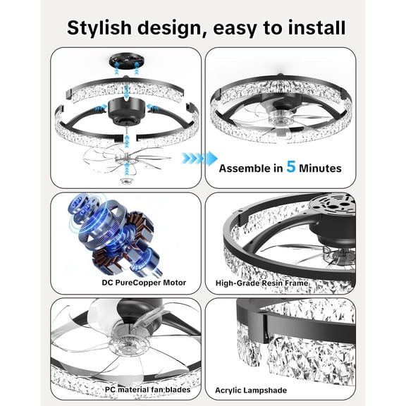 20" Low Profile Ceiling Fan with Light and Remote, Dimmable LED Flush Mount Ceiling Fan, 6 Speeds, White Modern Design for Bedroom/Living Room Black-Crystal
