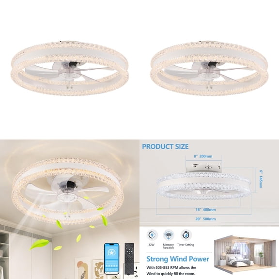 20” Luxury Double Ring LED Ceiling Fan with Light – Modern Flush Mount Design Hidden Blades Dimmable Lighting & Remote Control Low Profile Silent Fan for Bedroom Living Room (White)