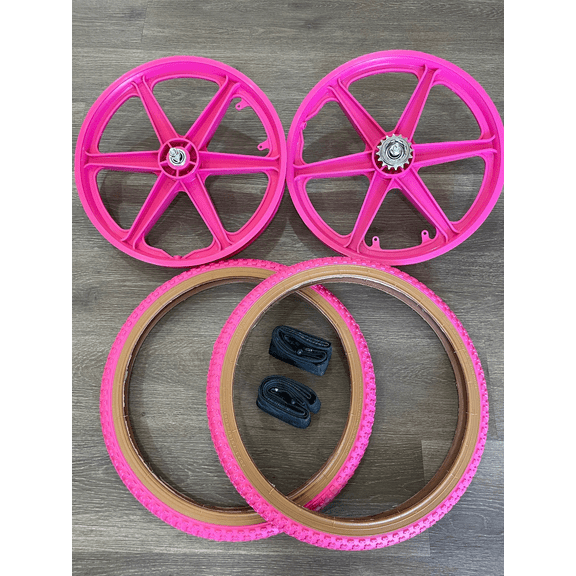 20'' MAG PINK PLASTIC 6 SPOKE WHEELS WITH 20X1.75 PINK GUMWALL TIRES BICYCLE