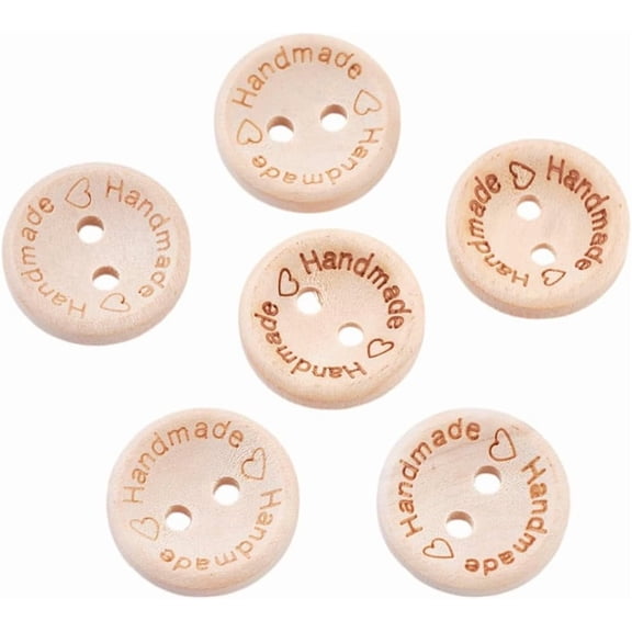 20 MM 100 Pcs 2 Holes Wooden Handmade with Love Buttons Round Flat Button Classic Wood Sewing Buttons Bulk DIY