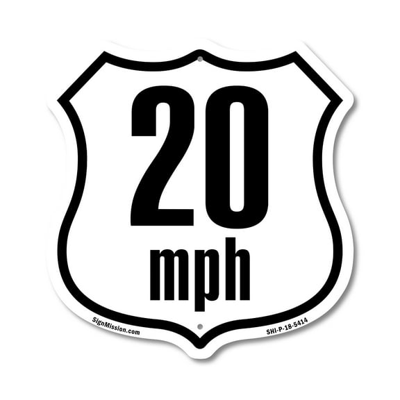 20 MPH Miles Per Hour 12 inch X 12 inch Shield-Shaped Rust-Free Aluminum Metal Sign Weather Resistant Made in the USA