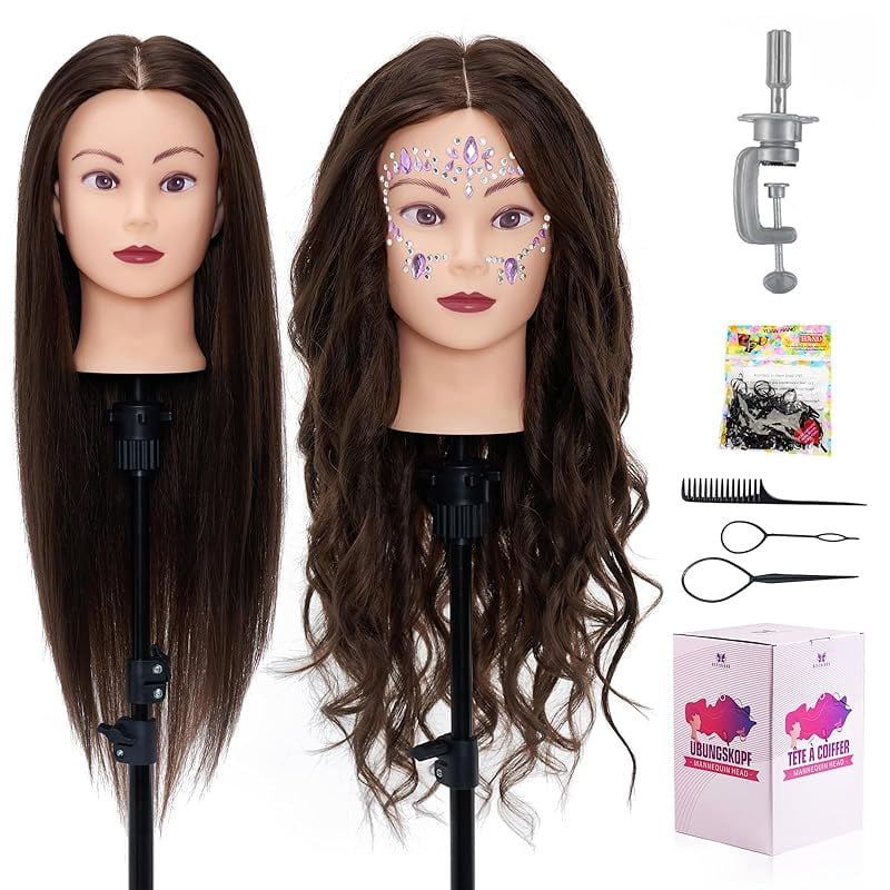 20" Mannequin Head Human Hair,100% Real Hair Mannequin Head,Cosmetology Human Hair Mannequin Doll Head for Hair Styling,Practice Braiding Styling Head with Table Clamp Suitable for Hair Extensions