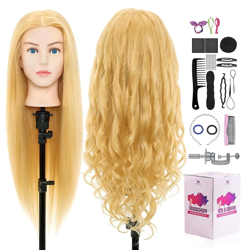 20" Mannequin Head Human Hair,100% Real Hair Mannequin Head,Cosmetology Human Hair Mannequin Doll Head for Hair Styling,Practice Braiding Styling Head with Table Clamp Suitable for Hair Extensions