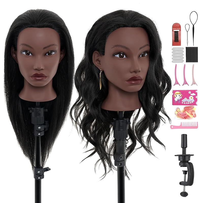 20" Mannequin Head Human Hair,100% Real Hair Mannequin Head,Cosmetology Human Hair Mannequin Doll Head for Hair Styling,Practice Braiding Styling Head with Table Clamp Suitable for Hair Extensions