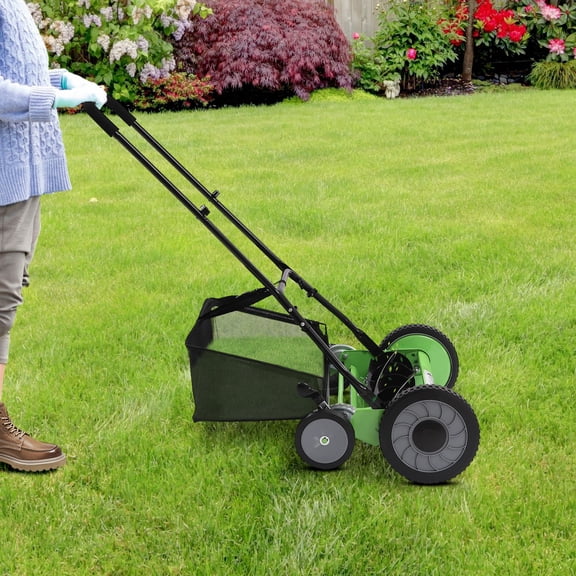 20" Manual Lawn Mower Hand Push Reel Walk-Behind Grass Catcher Adjustable Height for Villas, Parks