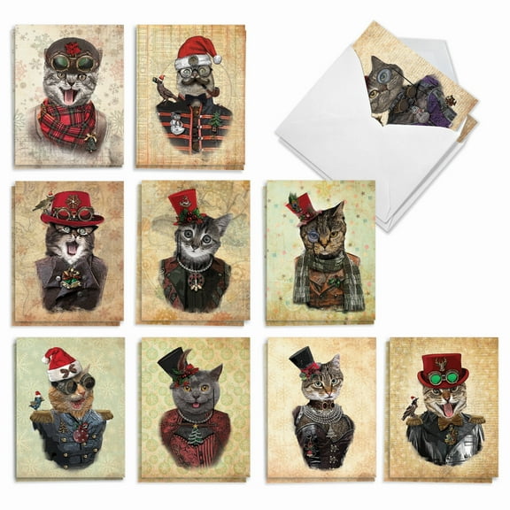 20 Merry Christmas Cards Assorted (10 Designs, 2 Each) - Christmas Steampunk Cats Merry Christmas (4" x 5.12") AM6554XSB-B2x10