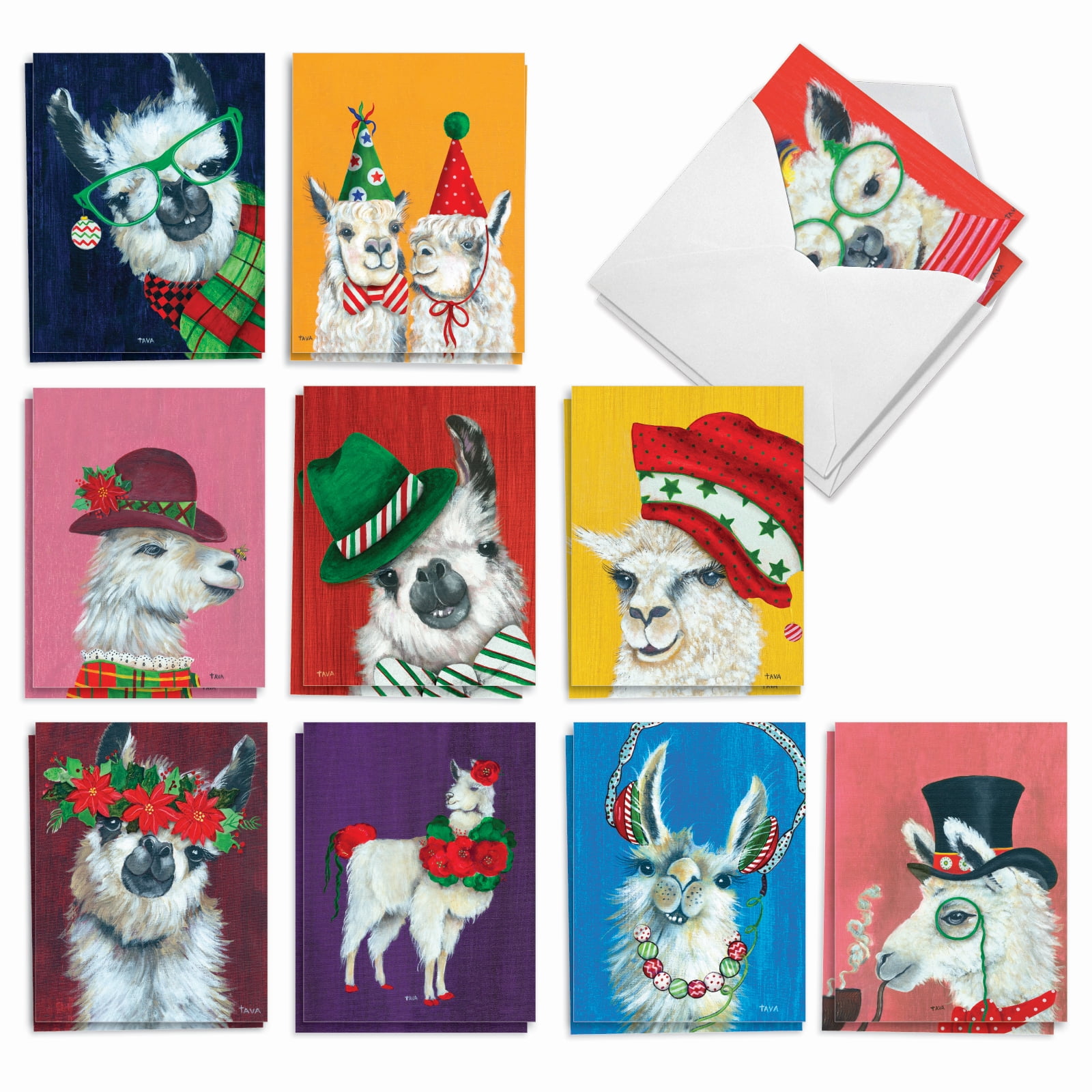 20 Merry Christmas Cards Assorted (10 Designs, 2 Each) - Personality Llamas Merry Christmas (4" x 5.12") AM7036XSG-B2x10