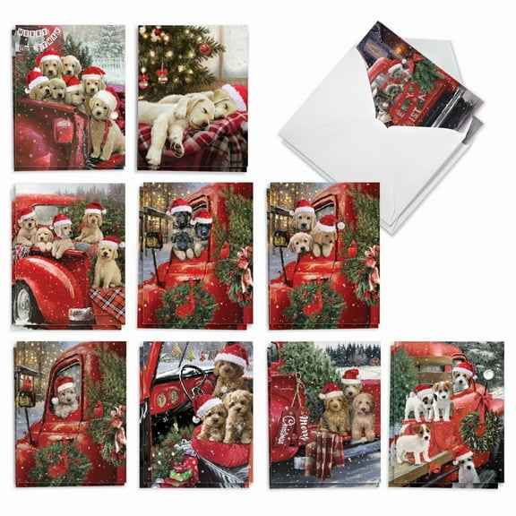 20 Merry Christmas Note Cards with Envelopes (4" x 5.12") - Red Truck Puppies Merry Christmas (10 Designs, 2 Each) AM3375XSG-B2x10