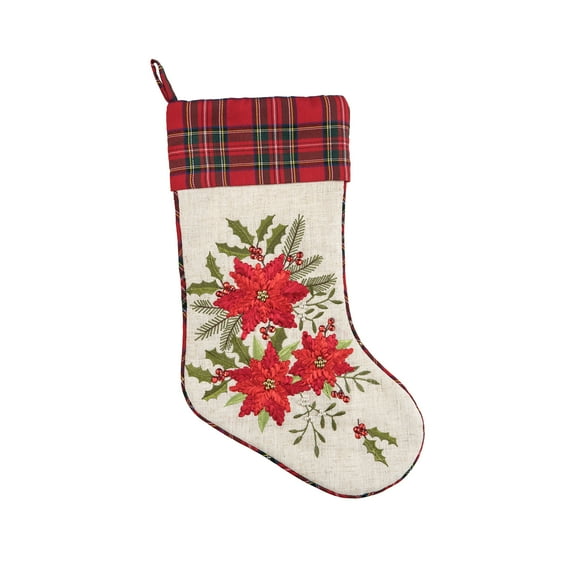 20" Merry Poinsettia Christmas Hanging Large Stocking with Plaid Cuff