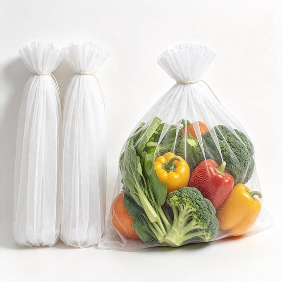 20" Mesh Bags for Vegetables 100 Count, Breathable Drawstring Plastic Net Sacks, Lightweight Produce Storage Mesh Bags, Reusable Nylon Netting for Fruits, Seafood and Farm Harvest