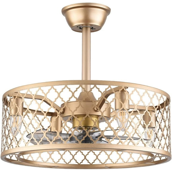 20" Metal Ceiling Fan Light, Industrial Ceiling Fan Light w/Remote Control, Gold Caged Drum Chandelier Pendant Lamp for Home and Commercial Spaces