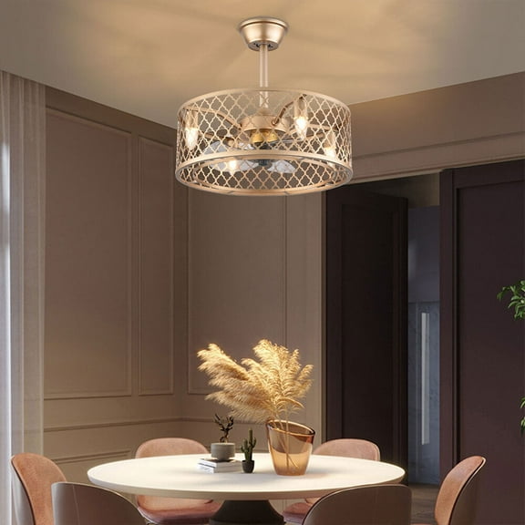 20" Metal Ceiling Fan Light w/ Remote Control Caged Drum Chandelier Pendant Lamp for living room, dining room