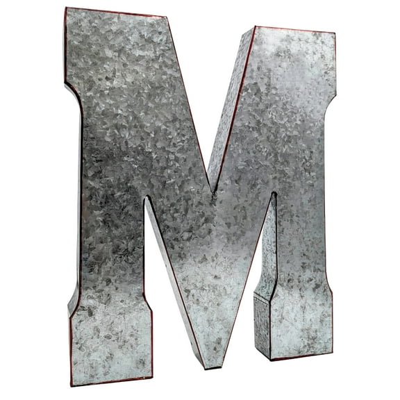 Huge 20" Metal Letter "M" Wall Decor, Silver with Rusted Edges, Galvanized Wall Mountable Decoration for Country, Mid-Century, or Farmhouse Themed Room or Event