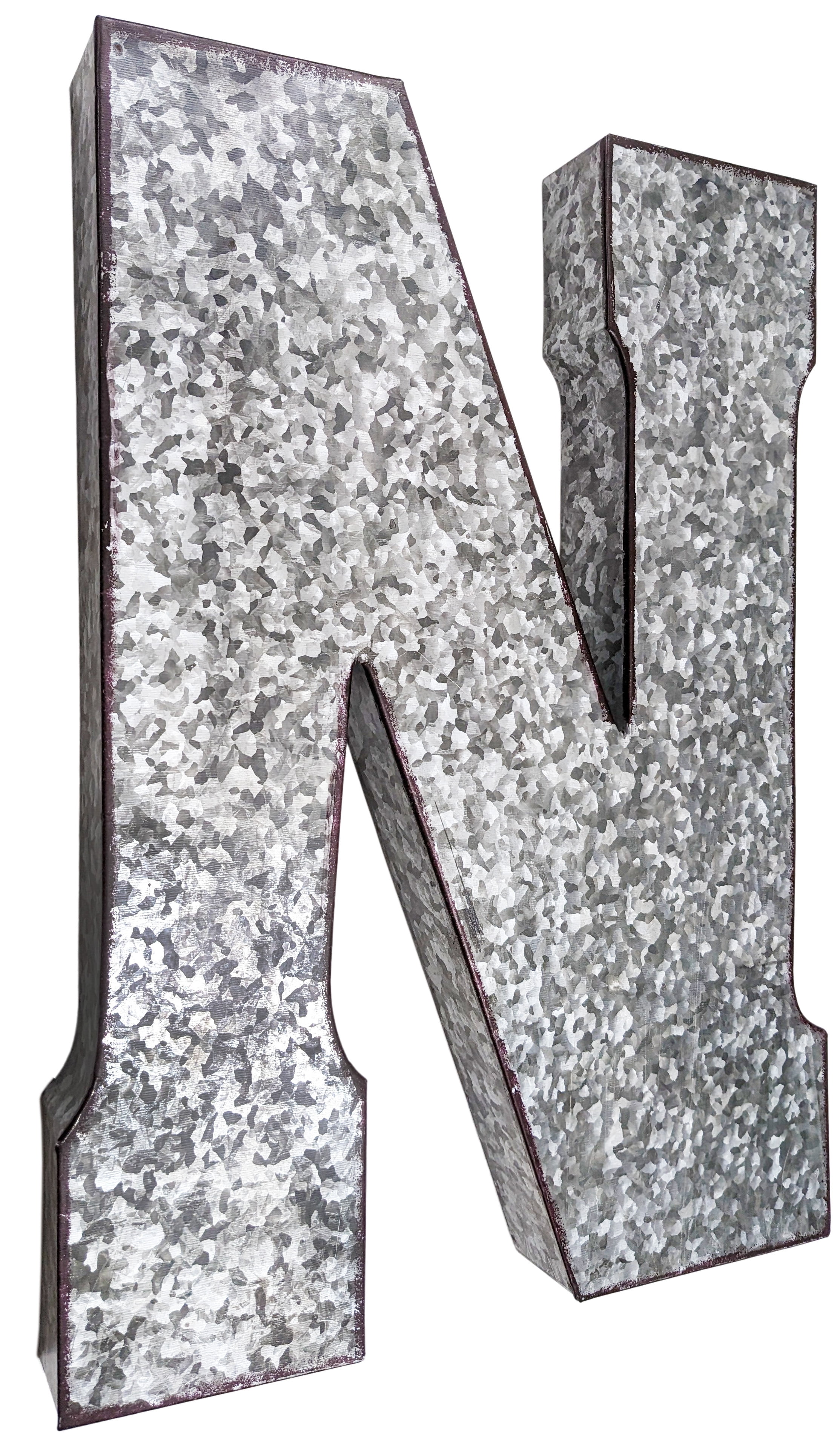 20" Metal Letter "N" Wall Decor, Silver with Rusted Edges, Galvanized