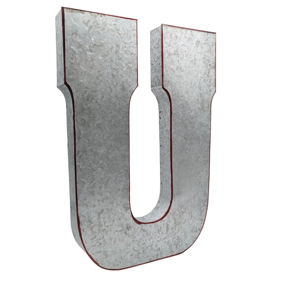 Huge 20" Metal Letter "U" Wall Decor, Silver with Rusted Edges, Galvanized Wall Mountable Decoration for Country, Mid-Century, or Farmhouse Themed Room or Event