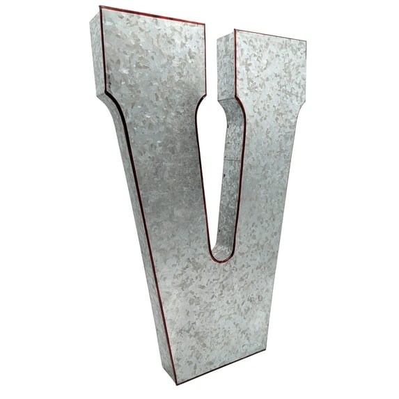 Huge 20" Metal Letter "V" Wall Decor, Silver with Rusted Edges, Galvanized Wall Mountable Decoration for Country, Mid-Century, or Farmhouse Themed Room or Event