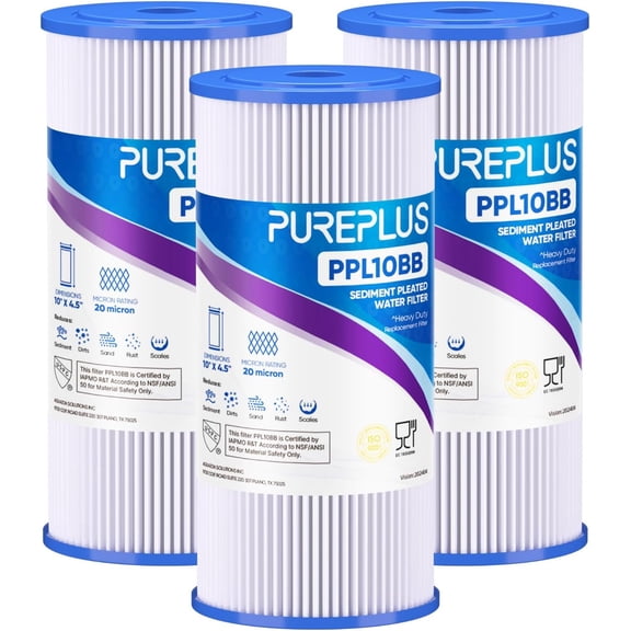 20 Micron 10" x 4.5" Whole House Pleated Sediment Filter for Well Water, Replacement Cartridge for GE FXHSC, R50-BBSA, R50-BB, DuPont WFHDC3001, W50PEHD, GXWH40L, 3Pack
