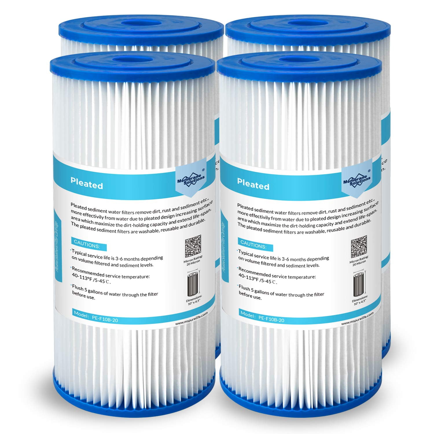 20 Micron Pleated Water Filter Home 10"x4.5" Whole House Heavy Duty Sediment Replacement Compatible With Ecp10-1 Ecp20-bb R50-bbsa Fxhsc Cb1-sed10-bb (4 Pack)