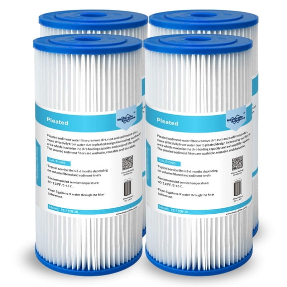20 Micron Pleated Water Filter Home 10"x4.5" Whole House Heavy Duty Sediment Replacement Compatible With Ecp10-1 Ecp20-bb R50-bbsa Fxhsc Cb1-sed10-bb (4 Pack)