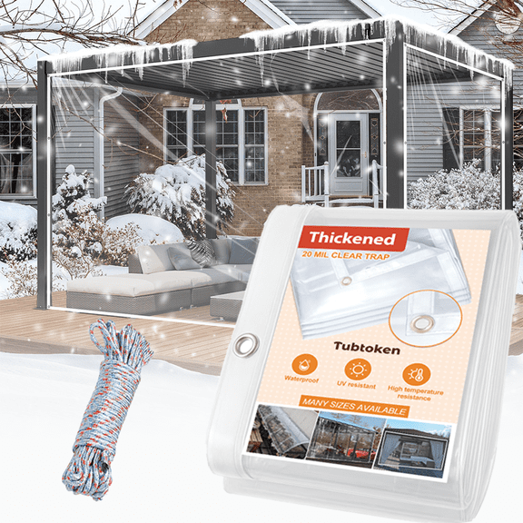 20 Mil Heavy Duty Clear PVC Tarpaulins 8 x 8 FT, Waterproof Wind-Proof Transparent Vinyl Tarp for Patio Pergola Garden Canopy Rainproof Anti-Tear PVC Thick Cover with Grommets