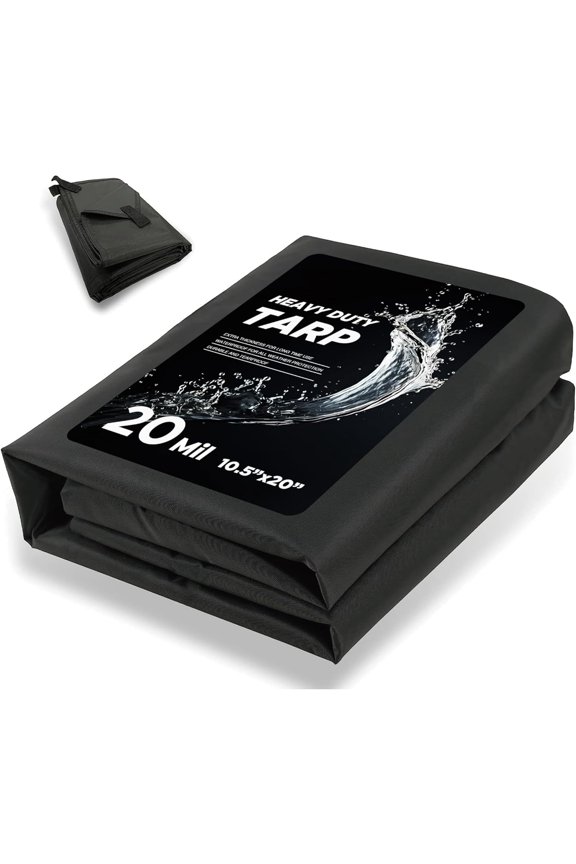 20 Mil Heavy Duty Waterproof Tarp, 10.5x20ft Black Tarpaulin with Reinforced Webbing Loops, Multipurpose Oxford Fabric Tarp for Firewood, Roof, Camping, Pool