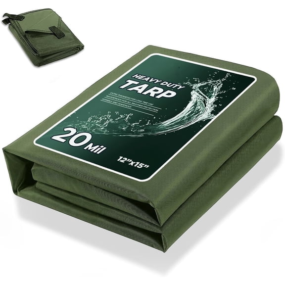 20 Mil Heavy Duty Waterproof Tarp, 12x15ft Green Tarpaulin with Reinforced Webbing Loops, Multipurpose Oxford Fabric Tarp for Firewood, Roof, Camping, Pool