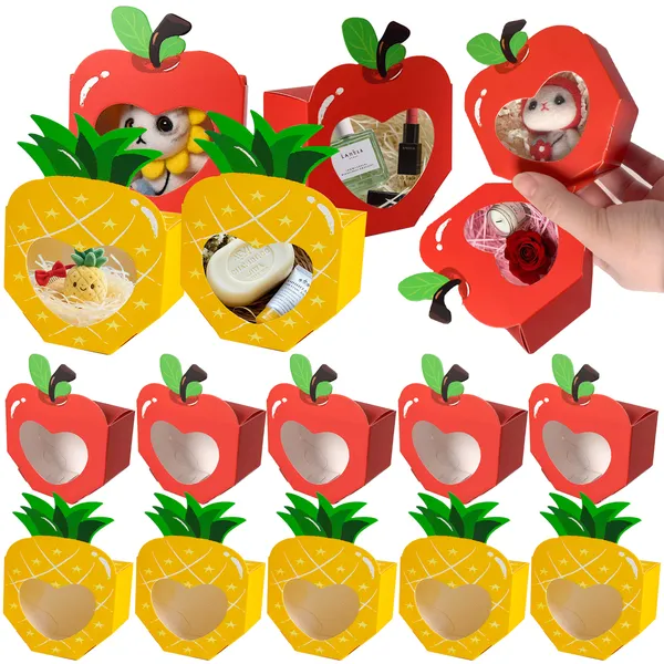 20 Mini Window Gift Boxes 3D Apple Pineapple Shaped Baking Paper Treat Container for Dessert Pastry Candy Packaging Summer Hawaiian Wedding Christmas Birthday Party Supplies