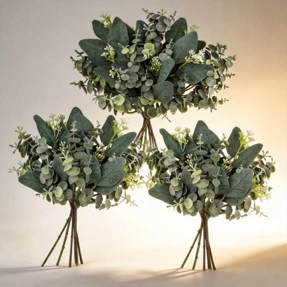 20 Mixed Artificial Eucalyptus Stems Faux Oval Leaves White Seeds Silk Plastic Greenery for Vase Wreath Bouquet Wedding Decoration
