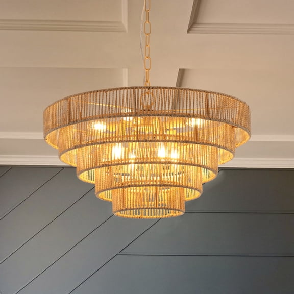 20" Modern 4-Layer Woven Hemp Rope Chandelier Boho Style Pendant Light Elegant Hanging Light Fixture for Living Dining Room Bedroom