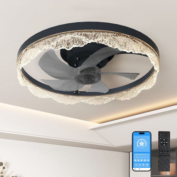20" Modern Flush Mount Ceiling Fan with Light, Acrylic Ring & Hidden Blades, Remote Control Dimmable LED for Bedroom Living Room, Black