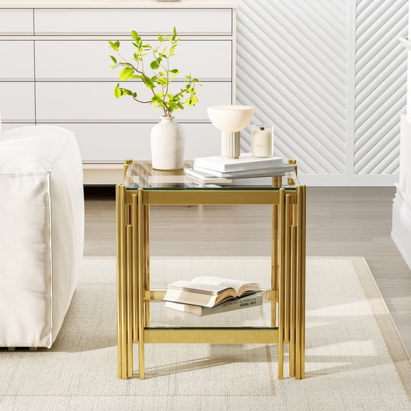 20" Modern Glass Coffee Table, Square 2-Tier Center Table with Stainless Steel Frame & 8mm Clear Tempered Glass for Living Room, Office