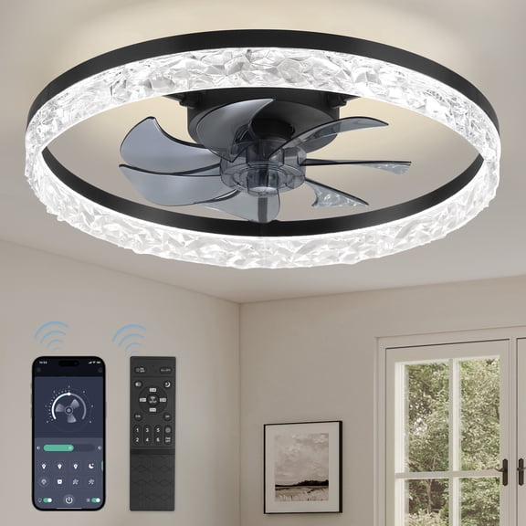 Lokivas 20" Black Modern Flush Mount Ceiling Fan with Light, 6 Speeds Dimmable LED, App and Remote for Indoor Bedroom