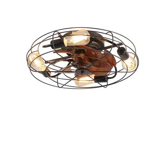 20" Modern Industrial Caged Ceiling Fan with Light, Low Profile Farmhouse Ceiling Fan, Black Metal Frame with 4xE26 Bulbs, Reversible Motor, Remote Control for Bedroom, Kitchen, Living Room