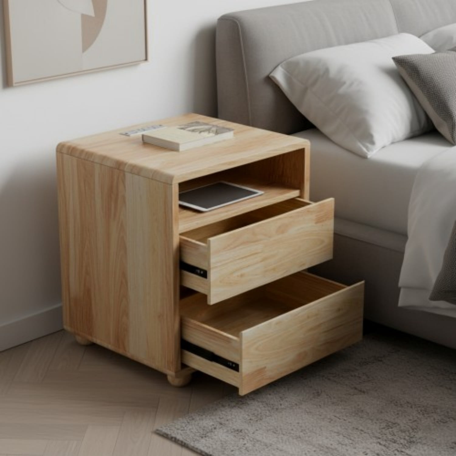 20" Modern Nightstand with Charging Station, 2 Drawers and Open Shelves, Solid Wood Bedside Table with Curved Design, Mid Century Side Table for Bedroom, Living Room, Natural