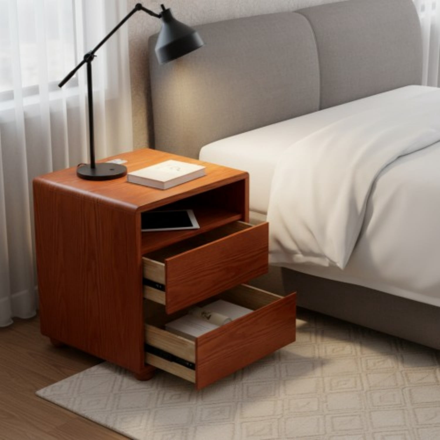 20" Modern Nightstand with Charging Station, 2 Drawers and Open Shelves, Solid Wood Bedside Table with Curved Design, Mid Century Side Table for Bedroom, Living Room, Walnut