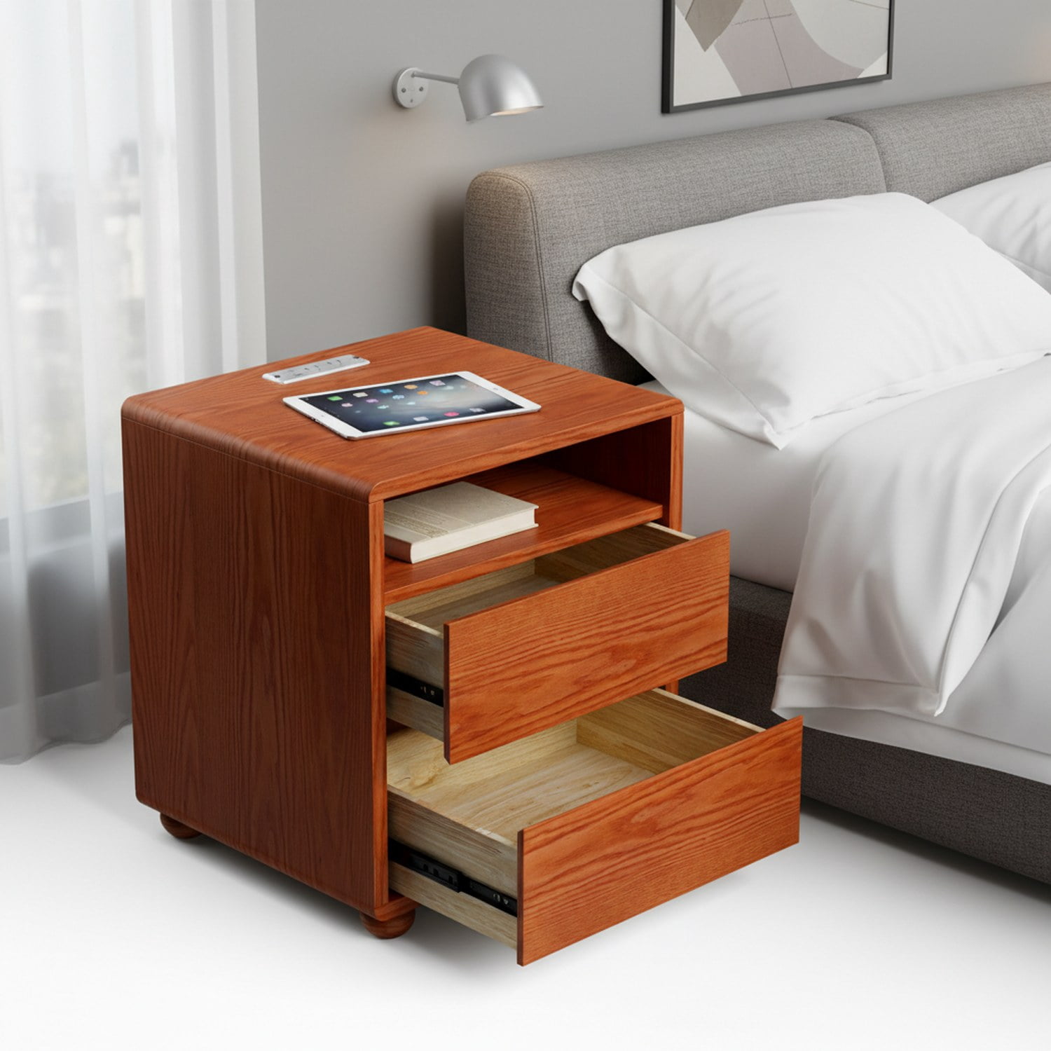 20"Modern Nightstand with 2 Drawers And Shelves Solid Wood Night Stand with Charger Station Mid Century Bedside Table Curved Wood Side Table