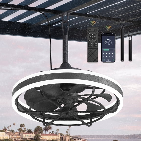 Lokivas 20" Black Waterproof Outdoor Ceiling Fan with Light, Quiet 6 Speeds, App and Remote, IP65 Plug-in with Hanging Hook, Dimmable for Patio Gazebo