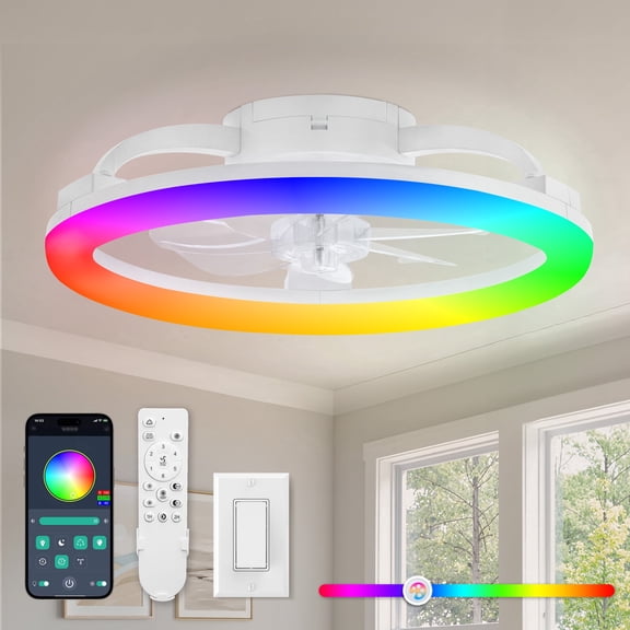 Lokivas 20" Modern RGB Ceiling Fan with Lights, Remote & APP Control, 6-Speed Reversible, White