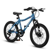 20" Mountain Bike, 7 Speed Shimano Grip Shift, Lightweight All Terrain Bicycle with Front Disc Brake, Suspension, Blue