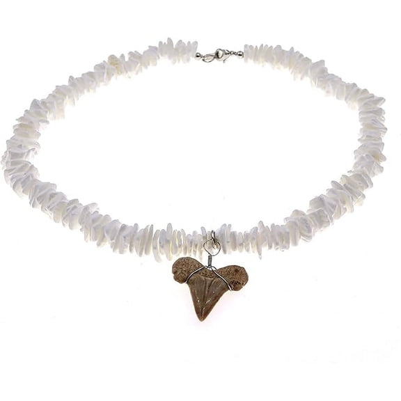 Shark Tooth Necklace - 20" Puka Shell Choker, Fossil Teeth Beach Surf Necklaces