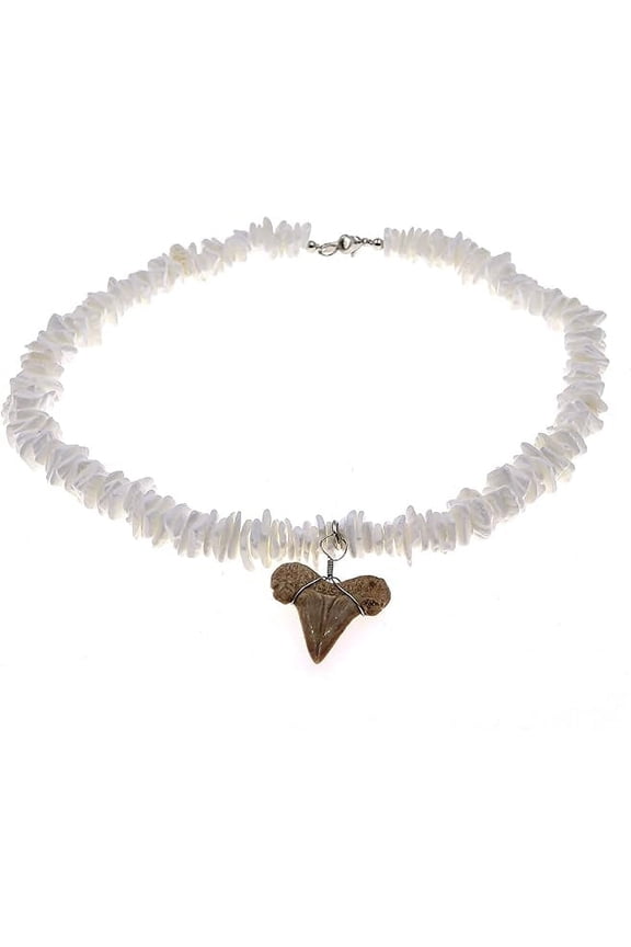 Shark Tooth Necklace - 20" Puka Shell Choker, Fossil Teeth Beach Surf Necklaces